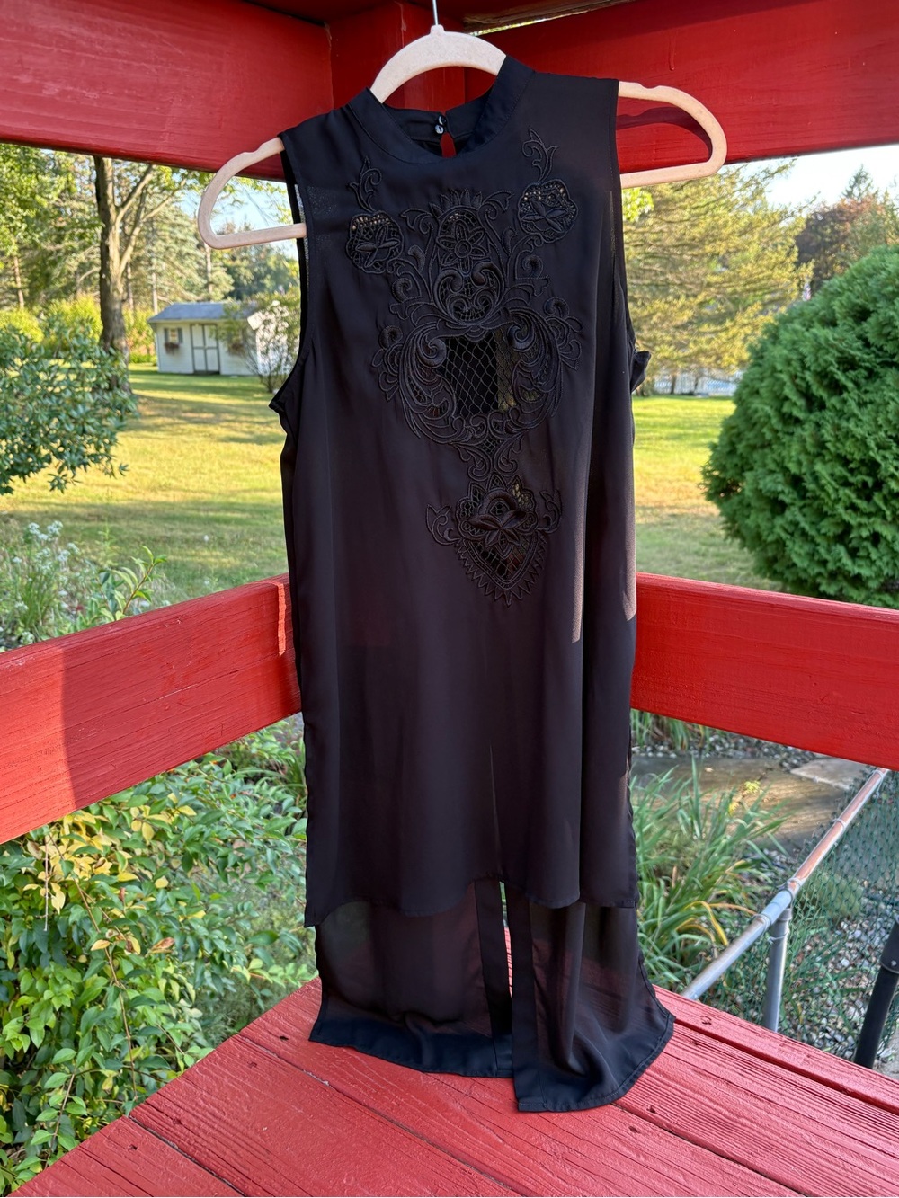 Bar III Black Embroidered Sheer High-Low Sleeveless Tunic Size S